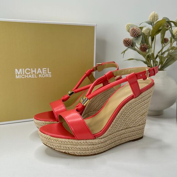Michael Michael Kors Annie Wedge Faux Leather Sandal Dahlia 40T2AEHS1L Women 9M - Picture 1 of 10
